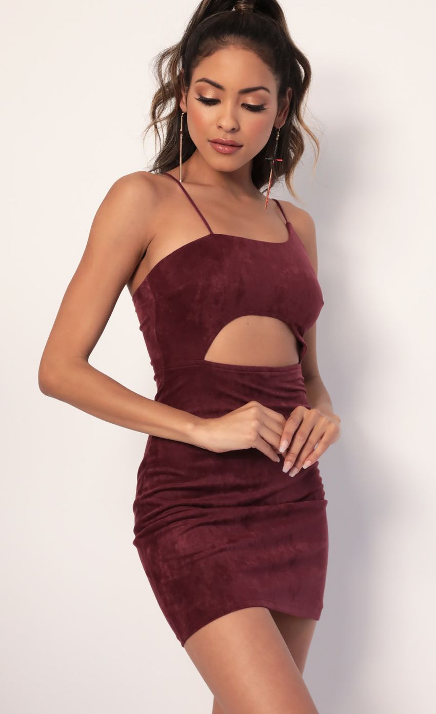 Picture Illusion Suede Cutout Dress in Burgundy. Source: https://media-img.lucyinthesky.com/data/Jan20_2/850xAUTO/781A3116.JPG