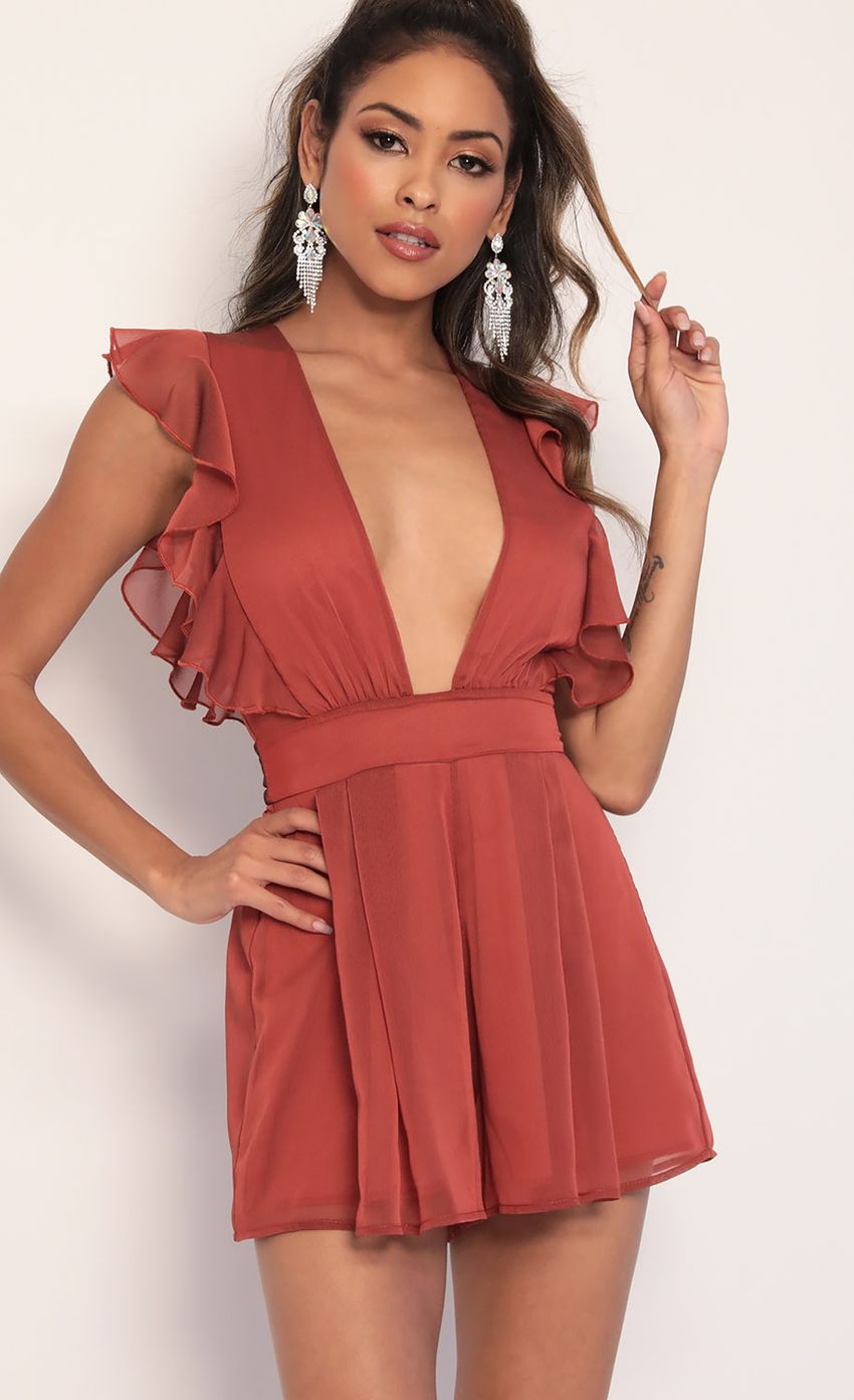 Picture Layla Ruffle Romper In Rust. Source: https://media-img.lucyinthesky.com/data/Jan20_2/850xAUTO/781A4852.JPG