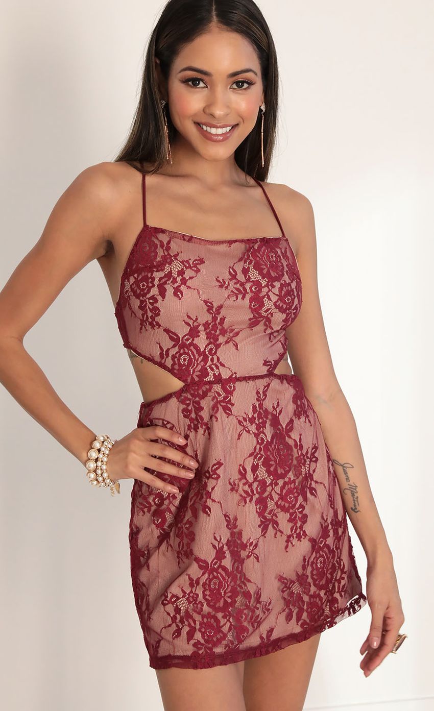 Picture Tara Floral Lace Cutout Dress in Merlot. Source: https://media-img.lucyinthesky.com/data/Jan20_2/850xAUTO/781A5360.JPG