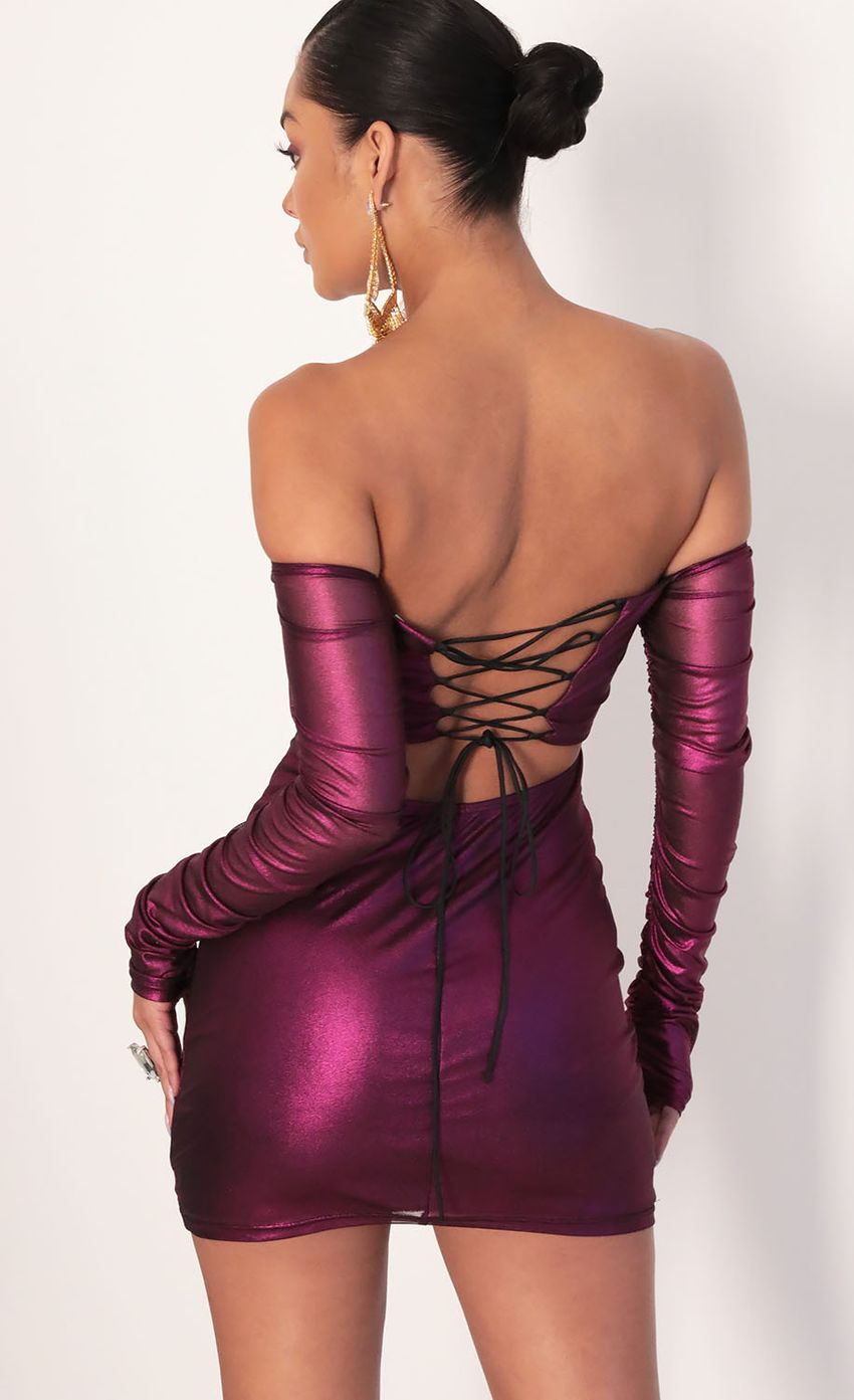 Picture Off Shoulder Mesh Dress in Fuchsia. Source: https://media-img.lucyinthesky.com/data/Jan20_2/850xAUTO/781A6761.JPG