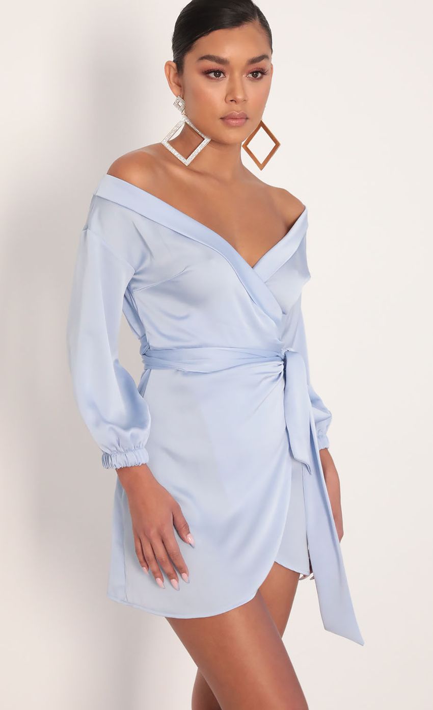 Picture Lorella Off Shoulder Wrap Dress in Dusty Blue. Source: https://media-img.lucyinthesky.com/data/Jan20_2/850xAUTO/781A7133.JPG