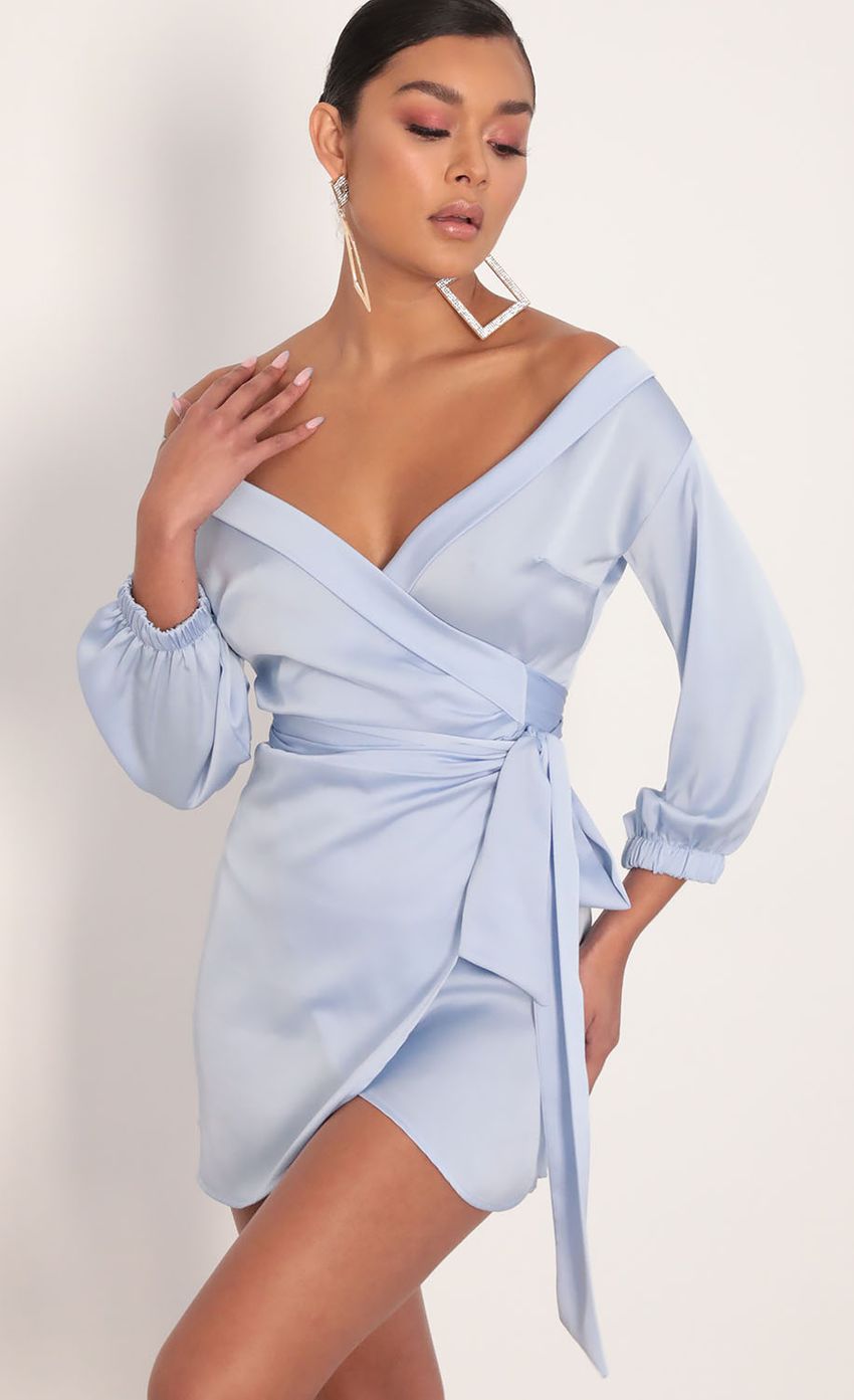 Picture Lorella Off Shoulder Wrap Dress in Dusty Blue. Source: https://media-img.lucyinthesky.com/data/Jan20_2/850xAUTO/781A7145.JPG