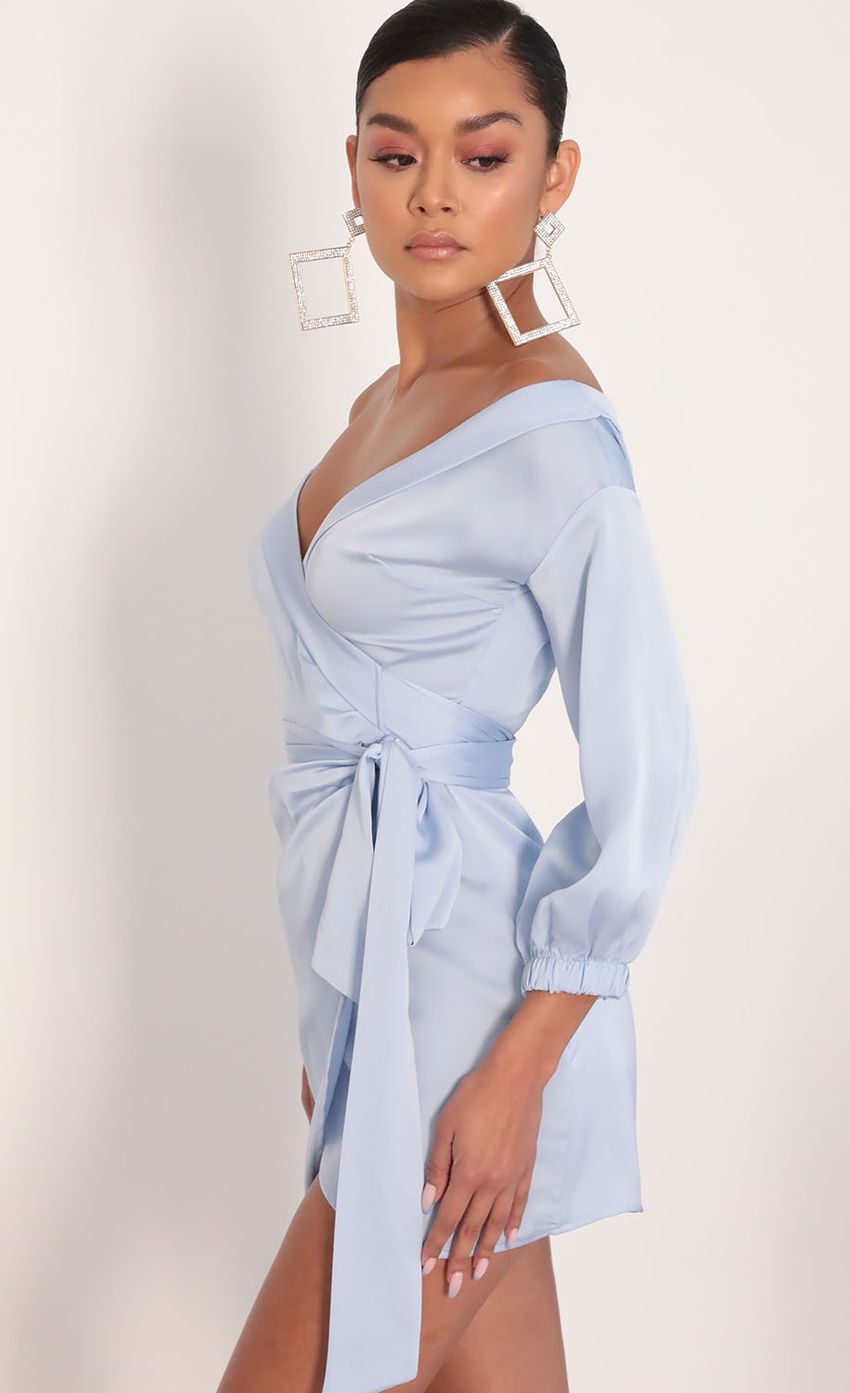 Picture Lorella Off Shoulder Wrap Dress in Dusty Blue. Source: https://media-img.lucyinthesky.com/data/Jan20_2/850xAUTO/781A7170.JPG