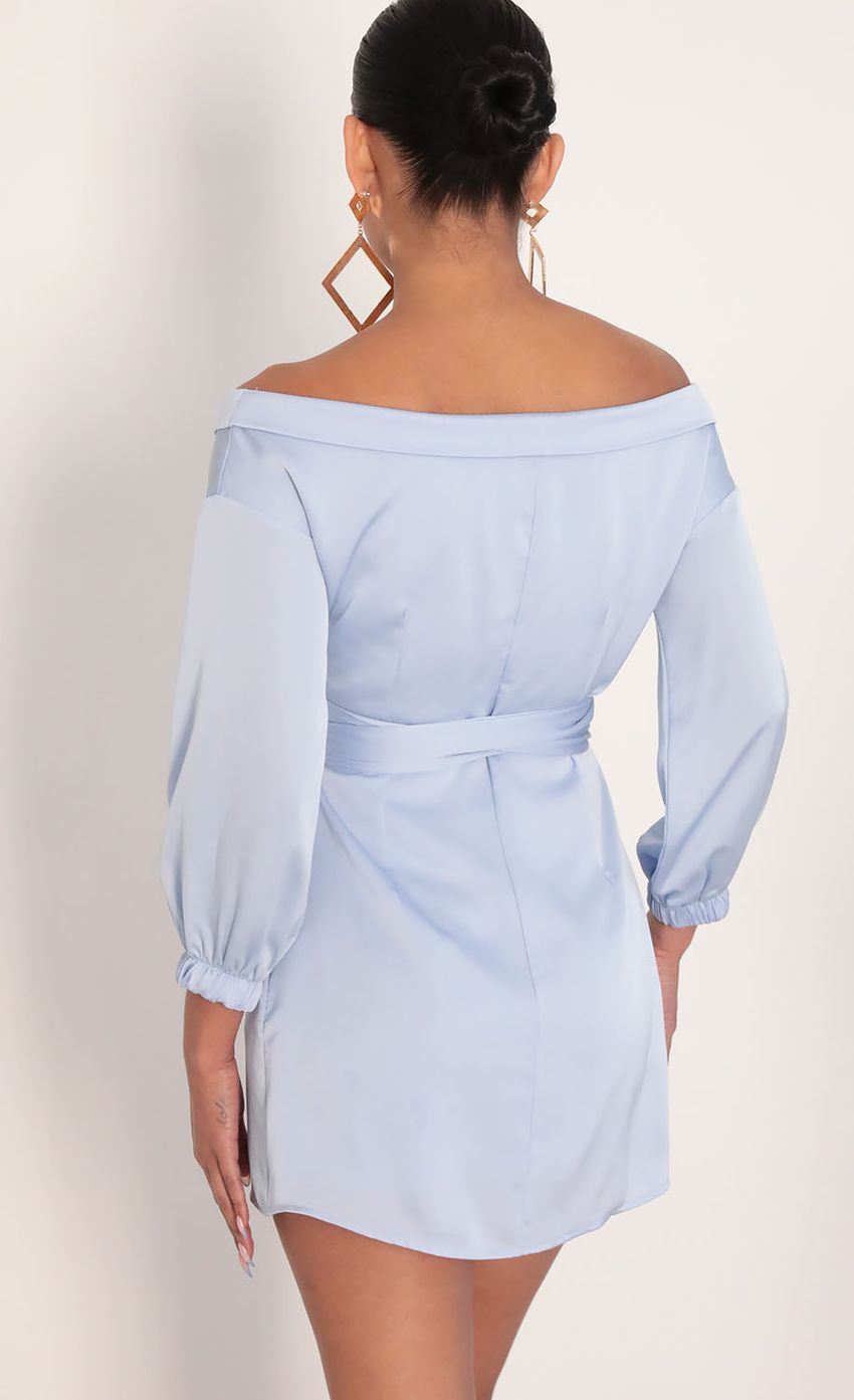 Picture Lorella Off Shoulder Wrap Dress in Dusty Blue. Source: https://media-img.lucyinthesky.com/data/Jan20_2/850xAUTO/781A7174.JPG