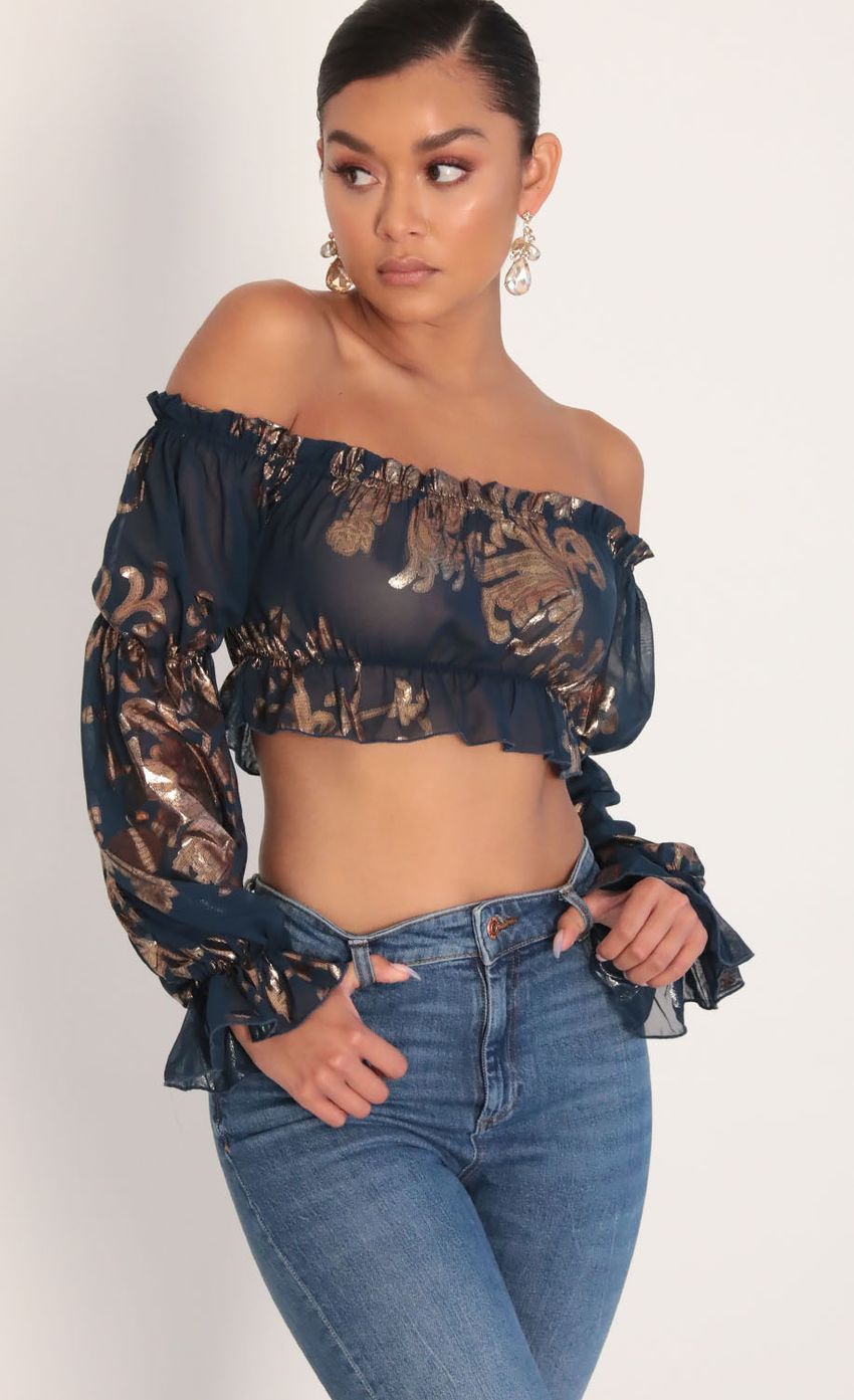 Picture Wild Thoughts Off Shoulder Top In Navy Gold. Source: https://media-img.lucyinthesky.com/data/Jan20_2/850xAUTO/781A8673.JPG