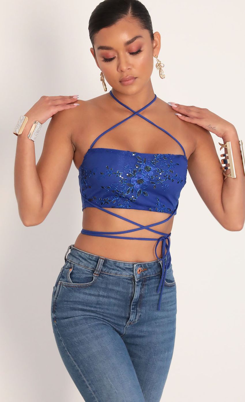 Picture Sequin Lace Top in Royal Blue. Source: https://media-img.lucyinthesky.com/data/Jan20_2/850xAUTO/781A8841.JPG