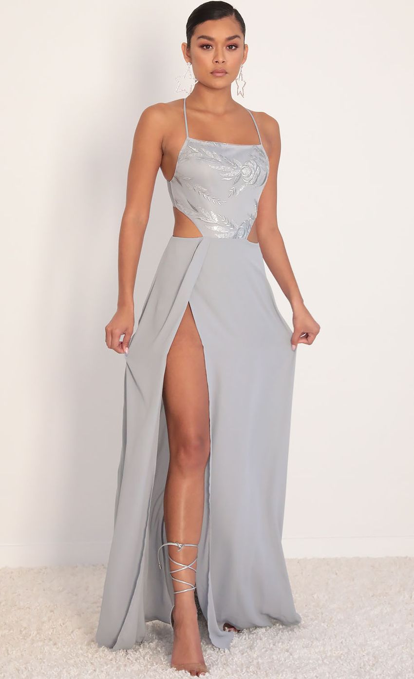 Picture Paris Silver Sequin Lace Maxi Dress in Grey. Source: https://media-img.lucyinthesky.com/data/Jan20_2/850xAUTO/781A9925.JPG