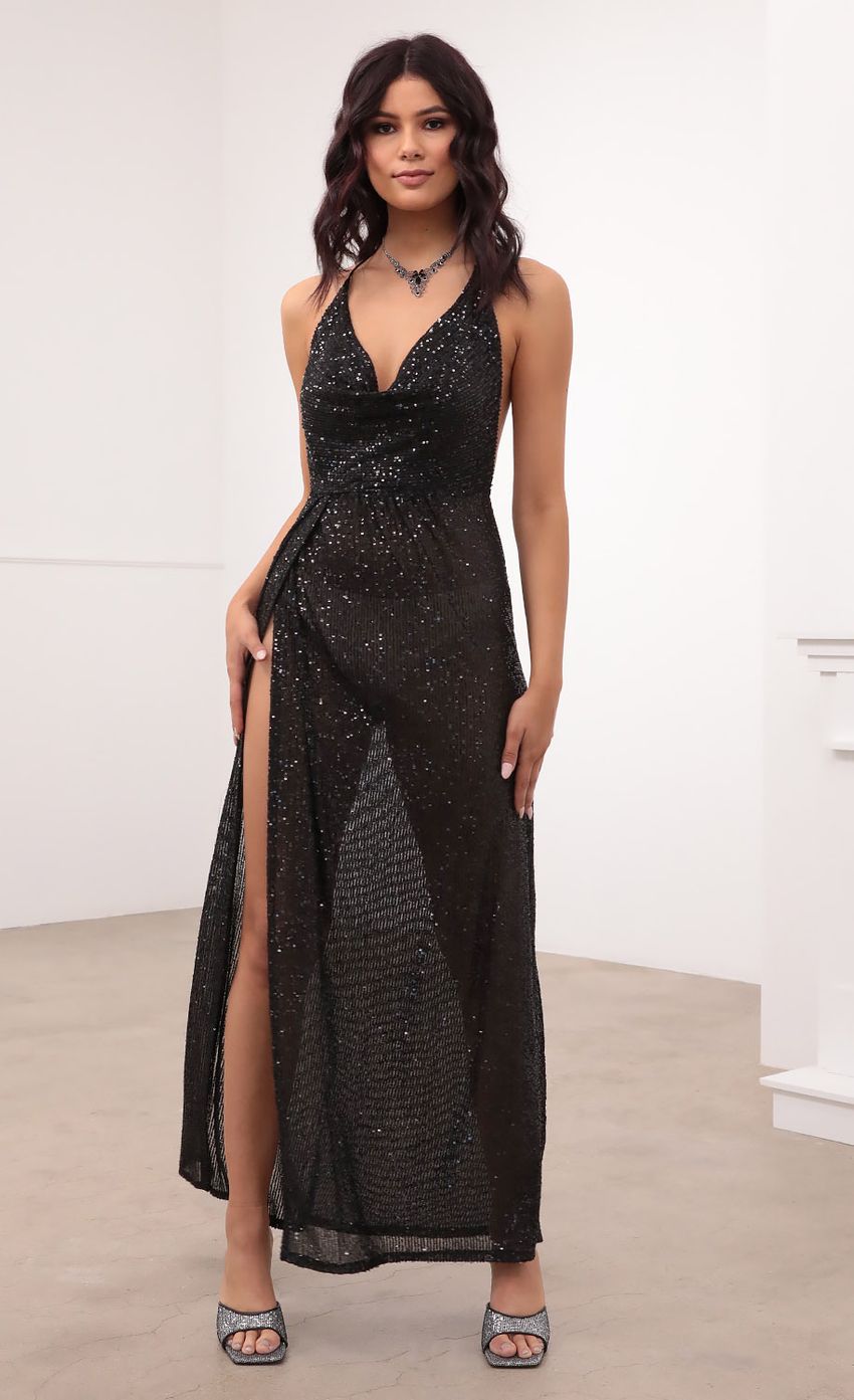 Picture Cowl Neck Maxi Dress in Black Sequin. Source: https://media-img.lucyinthesky.com/data/Jan21_2/850xAUTO/1V9A0699.JPG