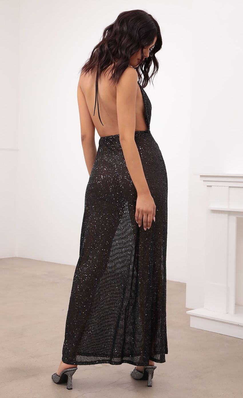 Picture Cowl Neck Maxi Dress in Black Sequin. Source: https://media-img.lucyinthesky.com/data/Jan21_2/850xAUTO/1V9A0773.JPG