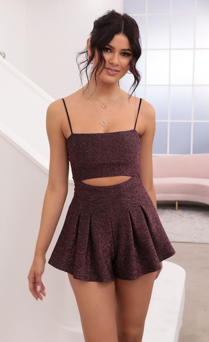 Picture Cutout Romper in Purple Glitter. Source: https://media-img.lucyinthesky.com/data/Jan21_2/850xAUTO/1V9A1549.JPG