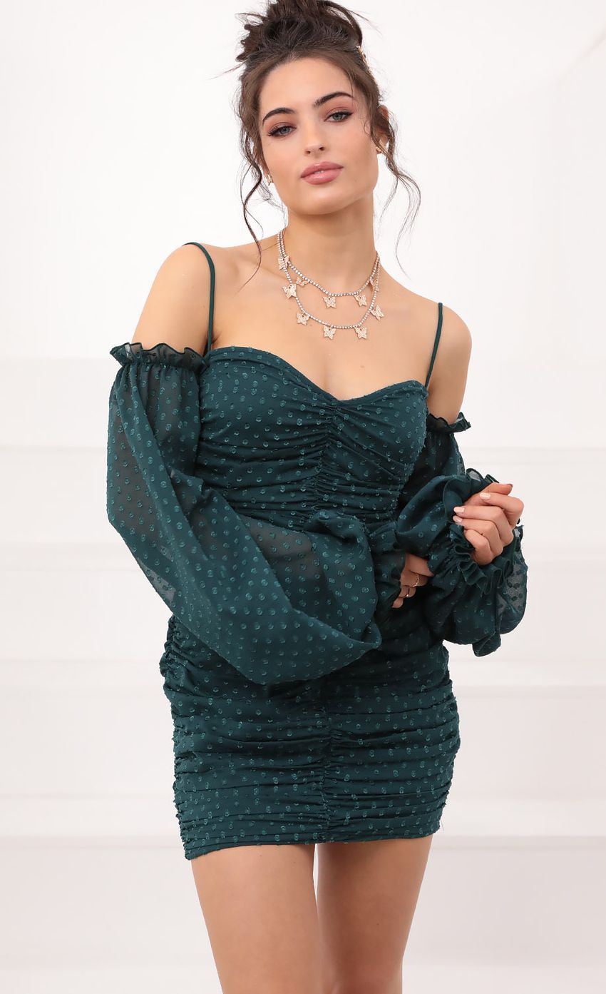 Picture Draped Dress in Dotted Emerald Chiffon. Source: https://media-img.lucyinthesky.com/data/Jan21_2/850xAUTO/1V9A1995.JPG