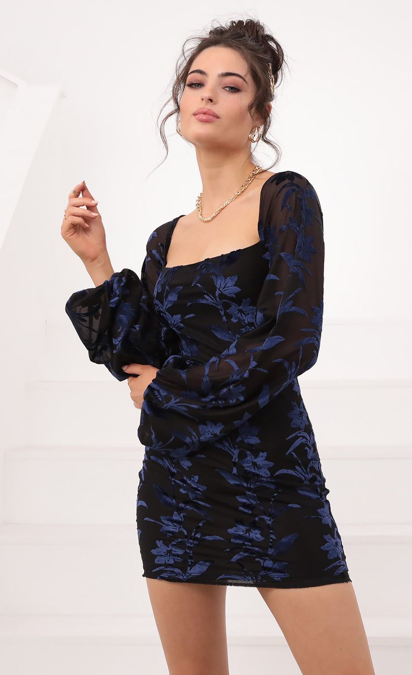 Picture Floral Dress in Navy Burnout Velvet. Source: https://media-img.lucyinthesky.com/data/Jan21_2/850xAUTO/1V9A4539.JPG