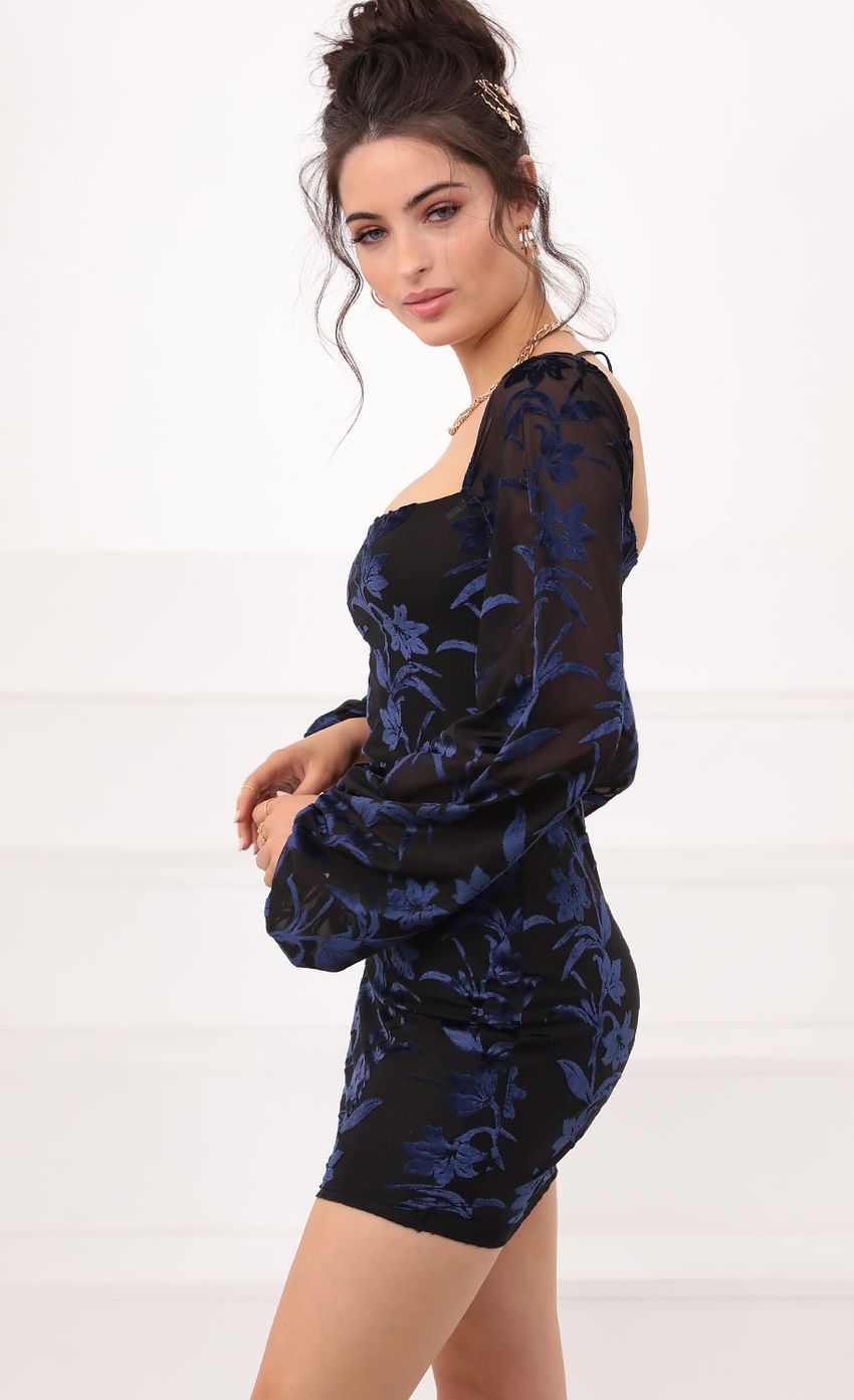 Picture Floral Dress in Navy Burnout Velvet. Source: https://media-img.lucyinthesky.com/data/Jan21_2/850xAUTO/1V9A4631.JPG