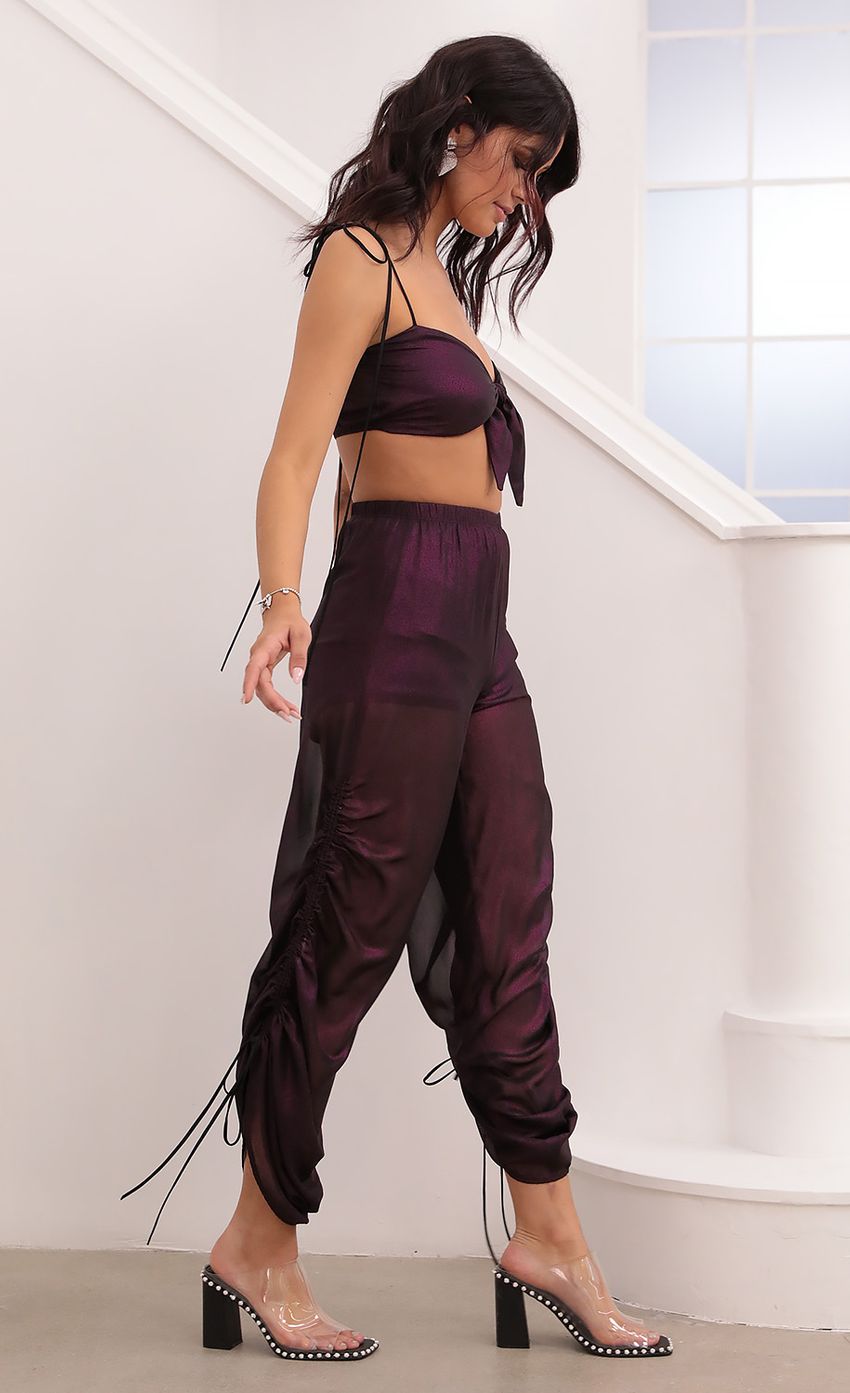 Picture Carly Ruched Pant Set in Purple. Source: https://media-img.lucyinthesky.com/data/Jan21_2/850xAUTO/1V9A6510.JPG