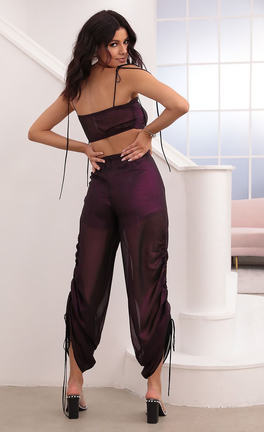 Picture Carly Ruched Pant Set in Purple. Source: https://media-img.lucyinthesky.com/data/Jan21_2/850xAUTO/1V9A6533.JPG