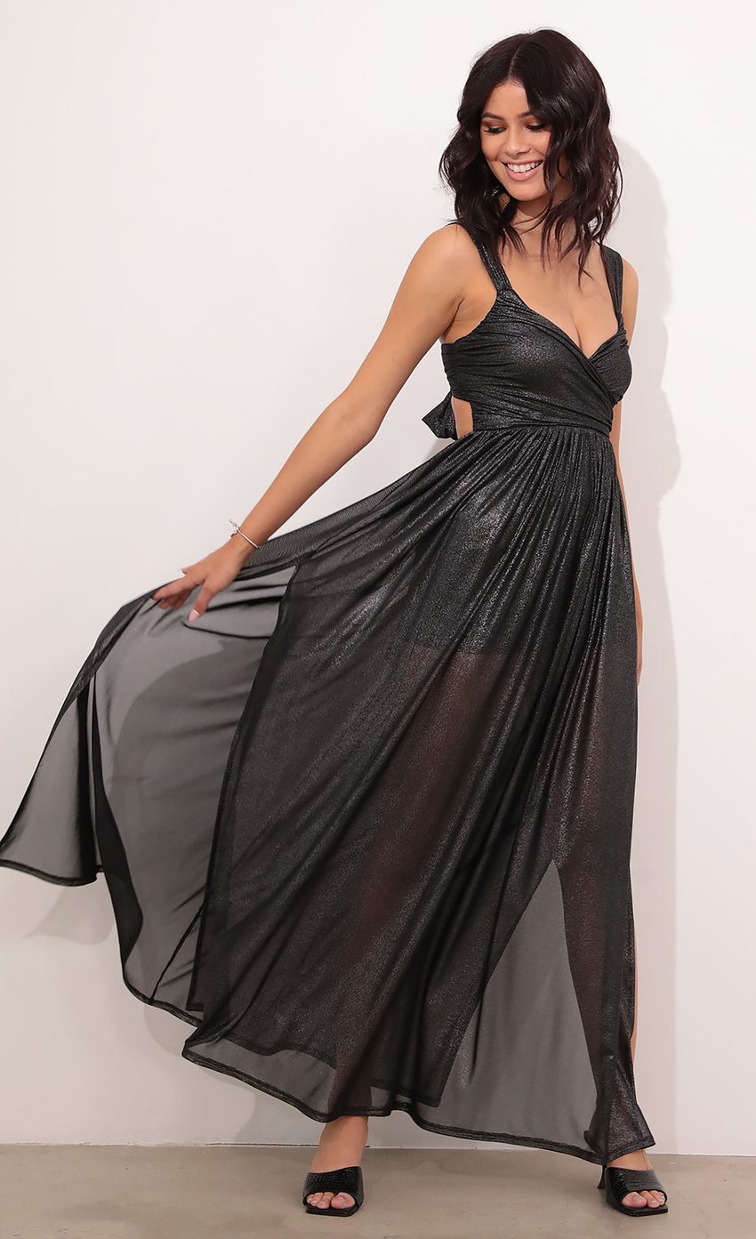 Picture Kelly Sheer Mesh Maxi in Black Shimmer. Source: https://media-img.lucyinthesky.com/data/Jan21_2/850xAUTO/1V9A68121.JPG