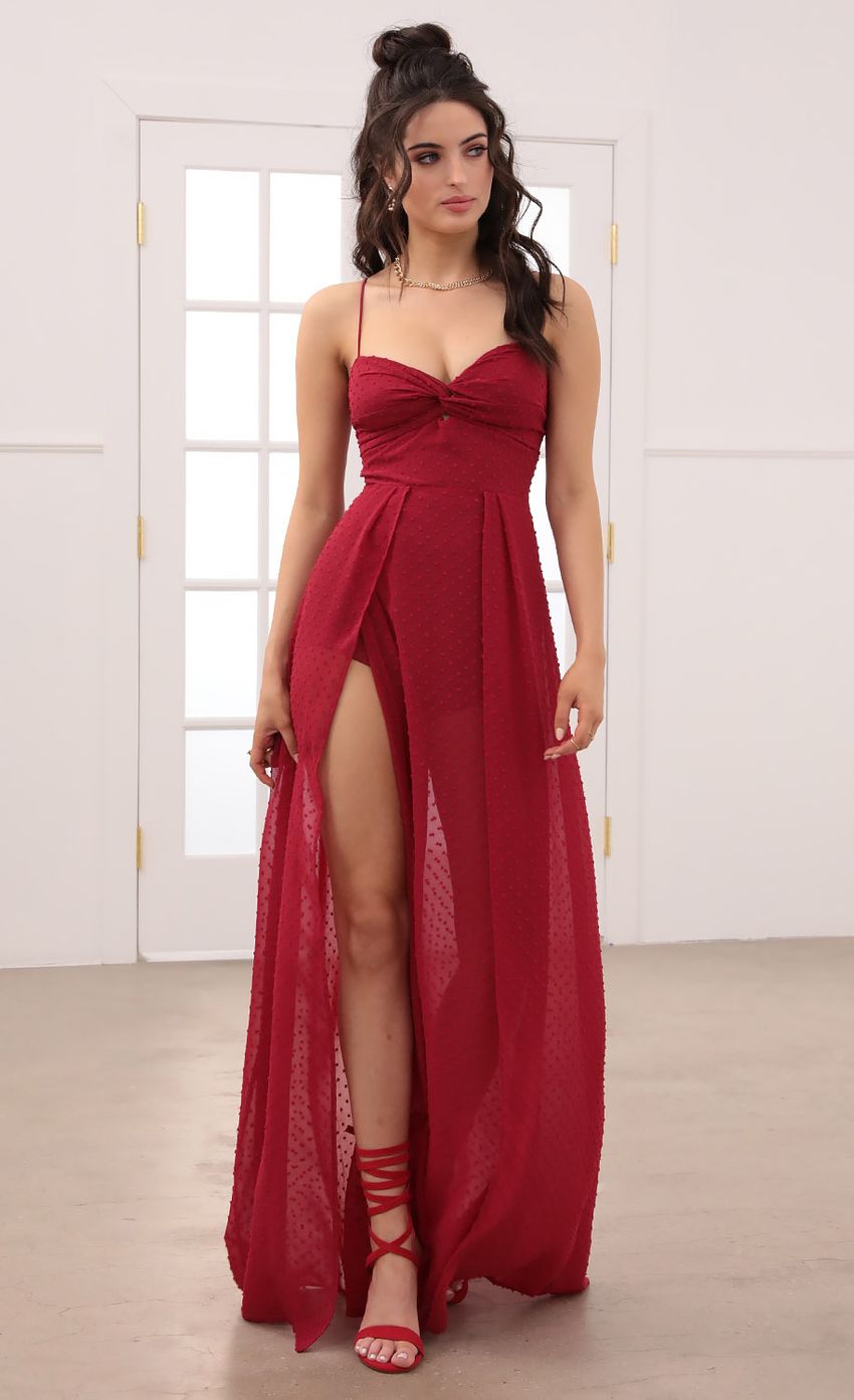 Picture Taylor Front Twist Chiffon Maxi Dress in Burgundy. Source: https://media-img.lucyinthesky.com/data/Jan21_2/850xAUTO/1V9A7965.JPG