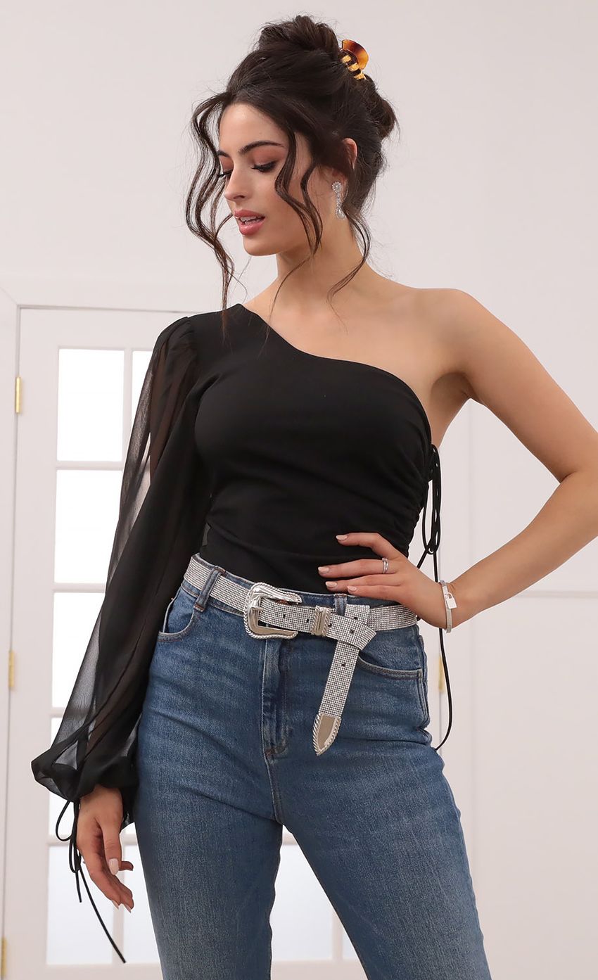 Picture Orion Sheer Sleeve Ruched Bodysuit in Black. Source: https://media-img.lucyinthesky.com/data/Jan21_2/850xAUTO/1V9A9206.JPG