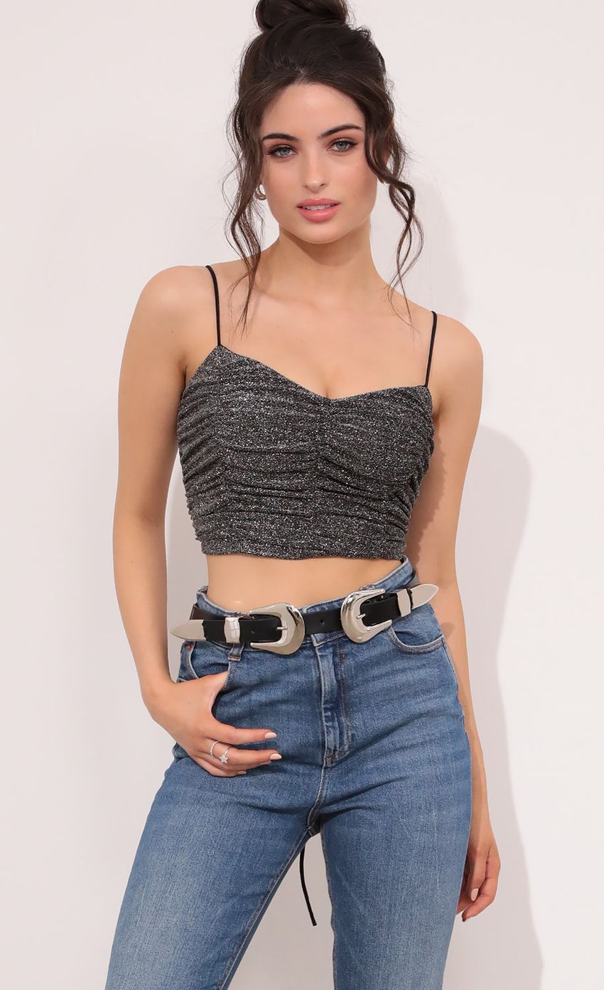 Picture Becca Ruched Crop Top in Silver Shimmer. Source: https://media-img.lucyinthesky.com/data/Jan21_2/850xAUTO/1V9A9742.JPG