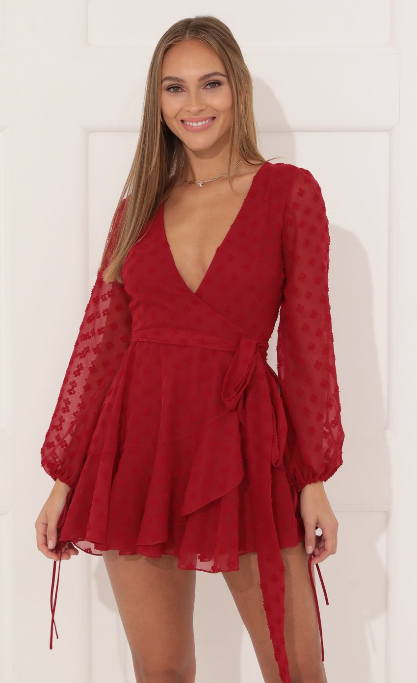 Picture Ruffle Wrap Dress in Red. Source: https://media-img.lucyinthesky.com/data/Jan22_1/850xAUTO/1V9A2407.JPG