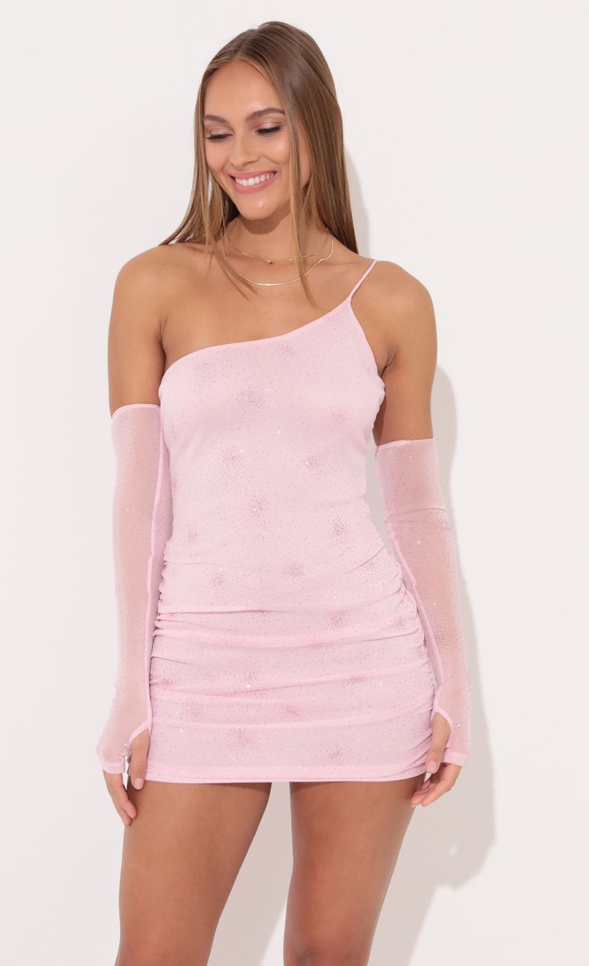 Picture One Shoulder Dress in Shimmer Pink. Source: https://media-img.lucyinthesky.com/data/Jan22_1/850xAUTO/1V9A7043.JPG