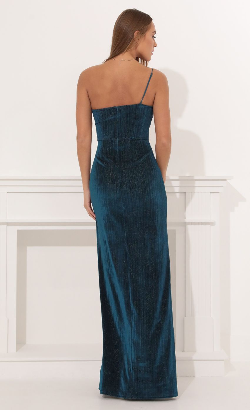 Picture One Shoulder Velvet Maxi in Blue. Source: https://media-img.lucyinthesky.com/data/Jan22_1/850xAUTO/1V9A7340.JPG