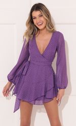Picture Lexi Ruffle Wrap Dress in Purple. Source: https://media-img.lucyinthesky.com/data/Jan22_2/150xAUTO/1V9A7341.JPG