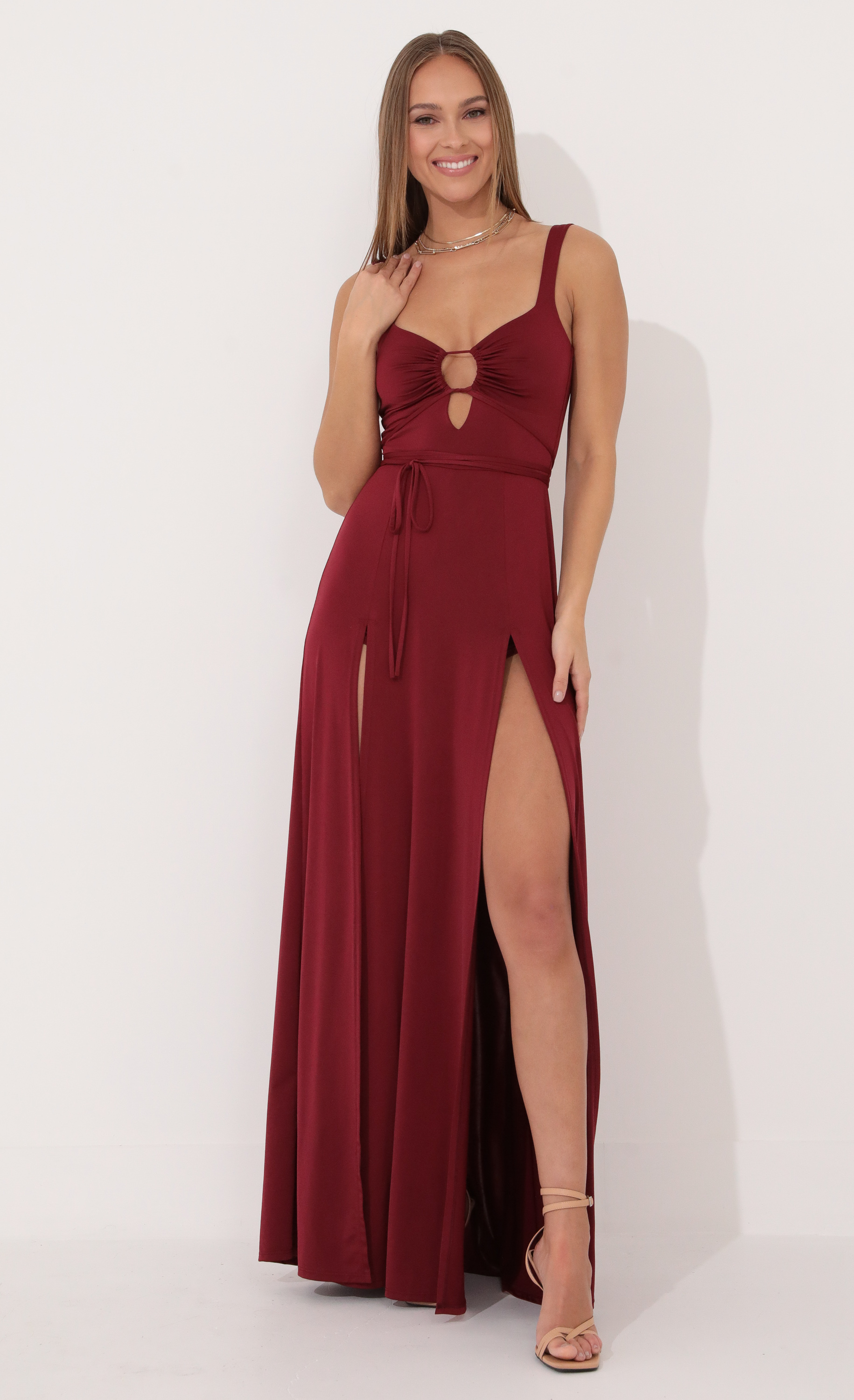 Front Tie Maxi Dress in Red