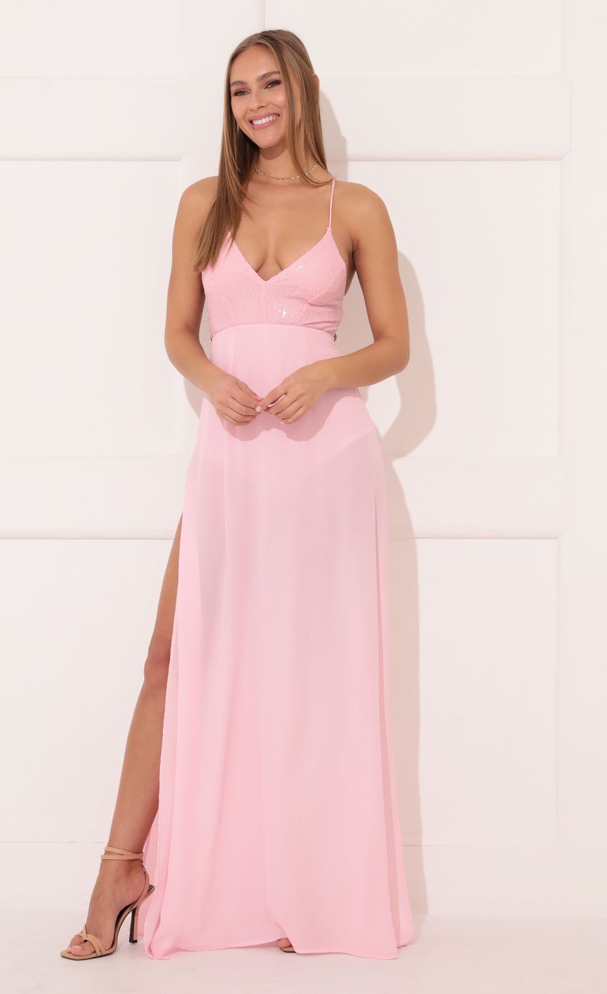 Picture Kaylen Sequin Maxi Dress in Pink. Source: https://media-img.lucyinthesky.com/data/Jan22_2/850xAUTO/1V9A0960.JPG