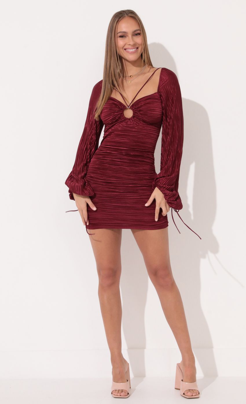 Picture Pleated Long Sleeve Dress in Ruby. Source: https://media-img.lucyinthesky.com/data/Jan22_2/850xAUTO/1V9A1128.JPG