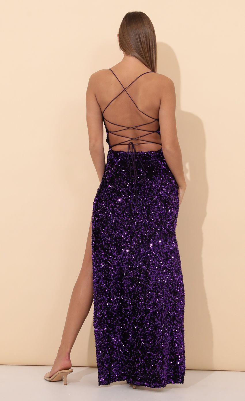 Picture Velvet Sequin Maxi Dress in Purple. Source: https://media-img.lucyinthesky.com/data/Jan22_2/850xAUTO/1V9A4784.JPG
