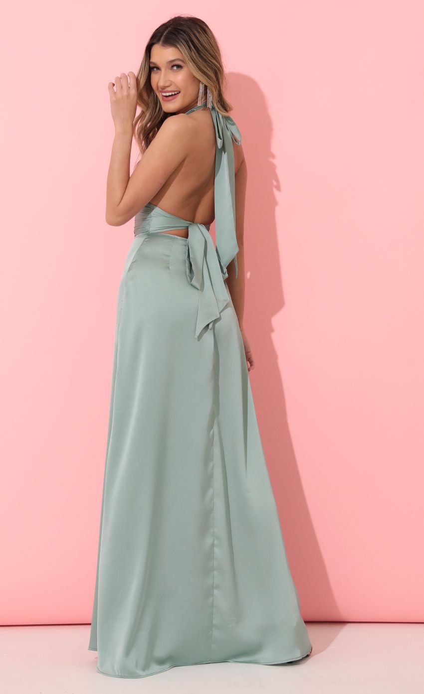 Picture Maxi Satin Dress in Sage. Source: https://media-img.lucyinthesky.com/data/Jan22_2/850xAUTO/1V9A5899.JPG