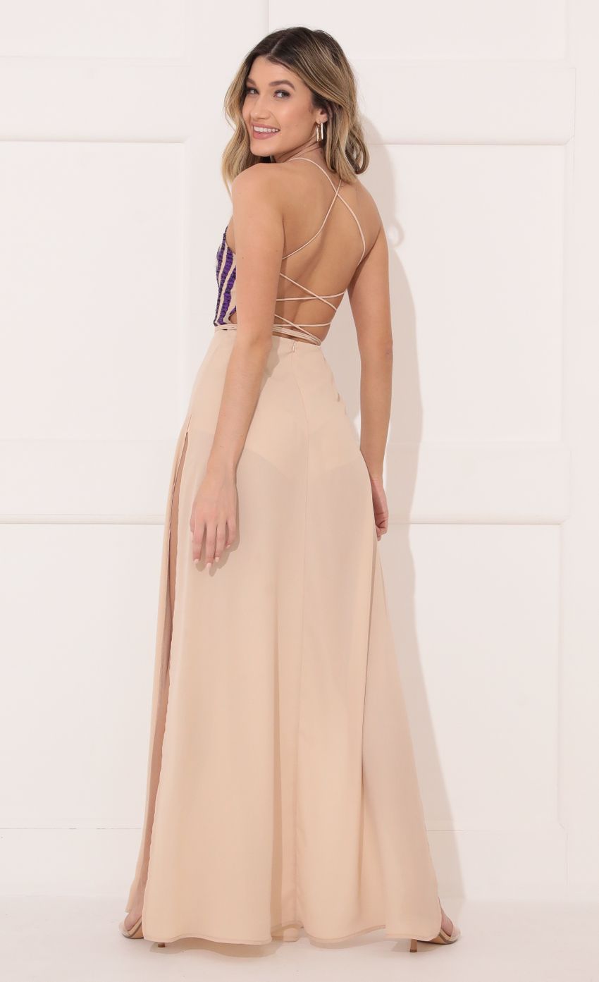 Picture Nylah Side Slit Maxi in Champagne. Source: https://media-img.lucyinthesky.com/data/Jan22_2/850xAUTO/1V9A6064.JPG
