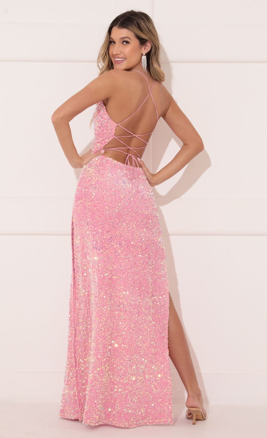 Picture Velvet Sequin Maxi Dress in Pink. Source: https://media-img.lucyinthesky.com/data/Jan22_2/850xAUTO/1V9A6781.JPG