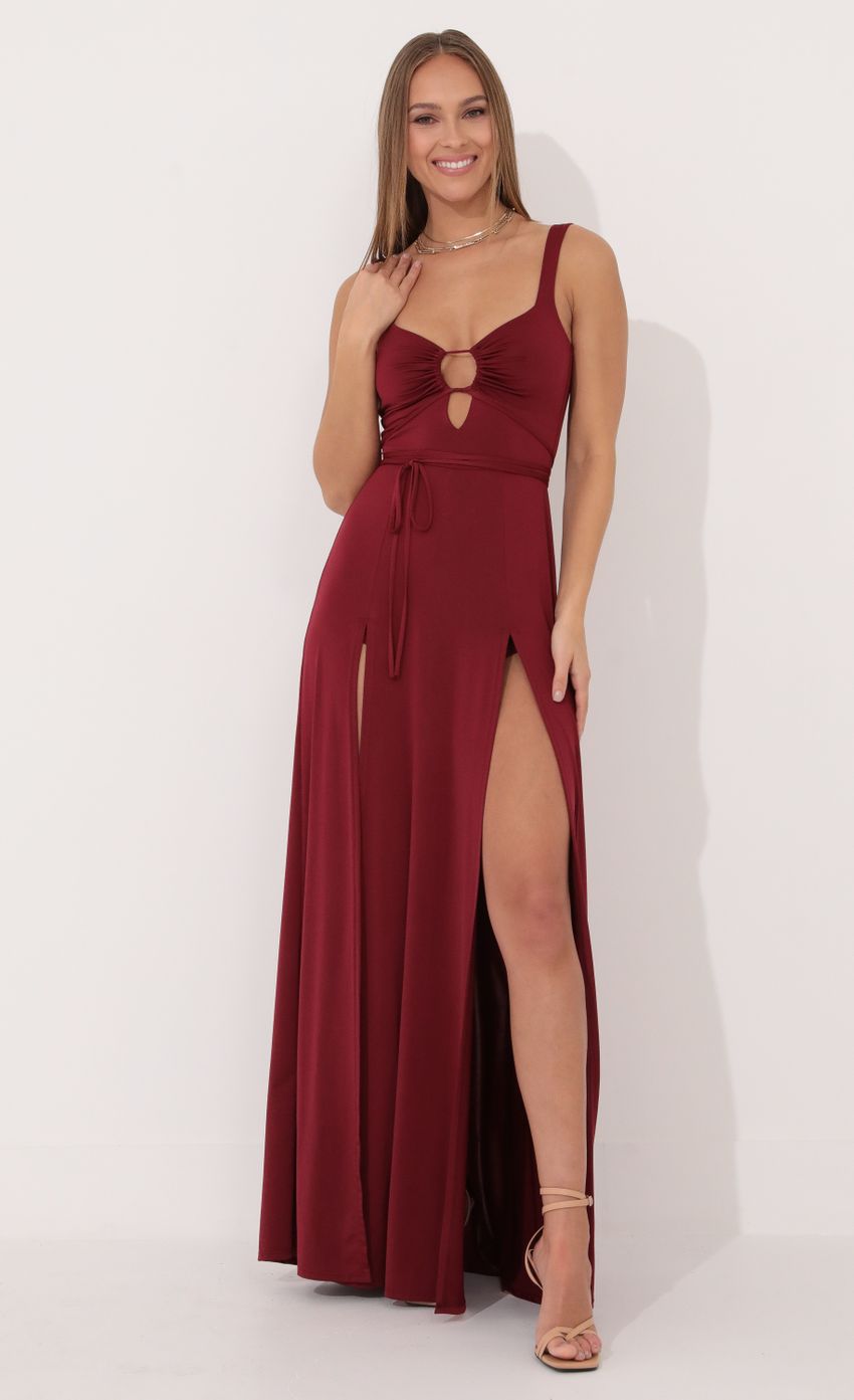 Picture Front Tie Maxi Dress in Red. Source: https://media-img.lucyinthesky.com/data/Jan22_2/850xAUTO/1V9A8304.JPG