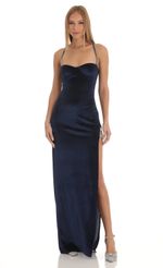 Picture Velvet Rhinestone Slit Maxi Dress in Nude. Source: https://media-img.lucyinthesky.com/data/Jan23/150xAUTO/0c433739-5b48-41ee-bf29-eaddc75bf862.jpg