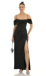 Picture Satin Cowl Off Shoulder Maxi Dress in Black. Source: https://media-img.lucyinthesky.com/data/Jan23/150xAUTO/33317e83-b858-4b22-8173-02e0e7166299.jpg