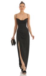 Picture Shimmer Asymmetrical Maxi Dress in Black. Source: https://media-img.lucyinthesky.com/data/Jan23/150xAUTO/624c42c7-3557-49c0-a137-2f2cc9487343.jpg
