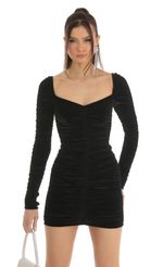 Picture Ruched Foil Bodycon Dress in Black. Source: https://media-img.lucyinthesky.com/data/Jan23/150xAUTO/d5ac2d55-3021-4887-b4d8-a497e6887936.jpg