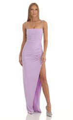 Picture Rhinestone Strap Ruched Maxi Dress in Lilac. Source: https://media-img.lucyinthesky.com/data/Jan23/150xAUTO/e2db9aca-9fc6-4c21-9d5d-86be457f3626.jpg