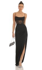 Picture Cutout Glitter Corset Maxi Dress in Black. Source: https://media-img.lucyinthesky.com/data/Jan23/150xAUTO/f1ae736b-32d6-4568-990a-ad63c22d2e8d.jpg
