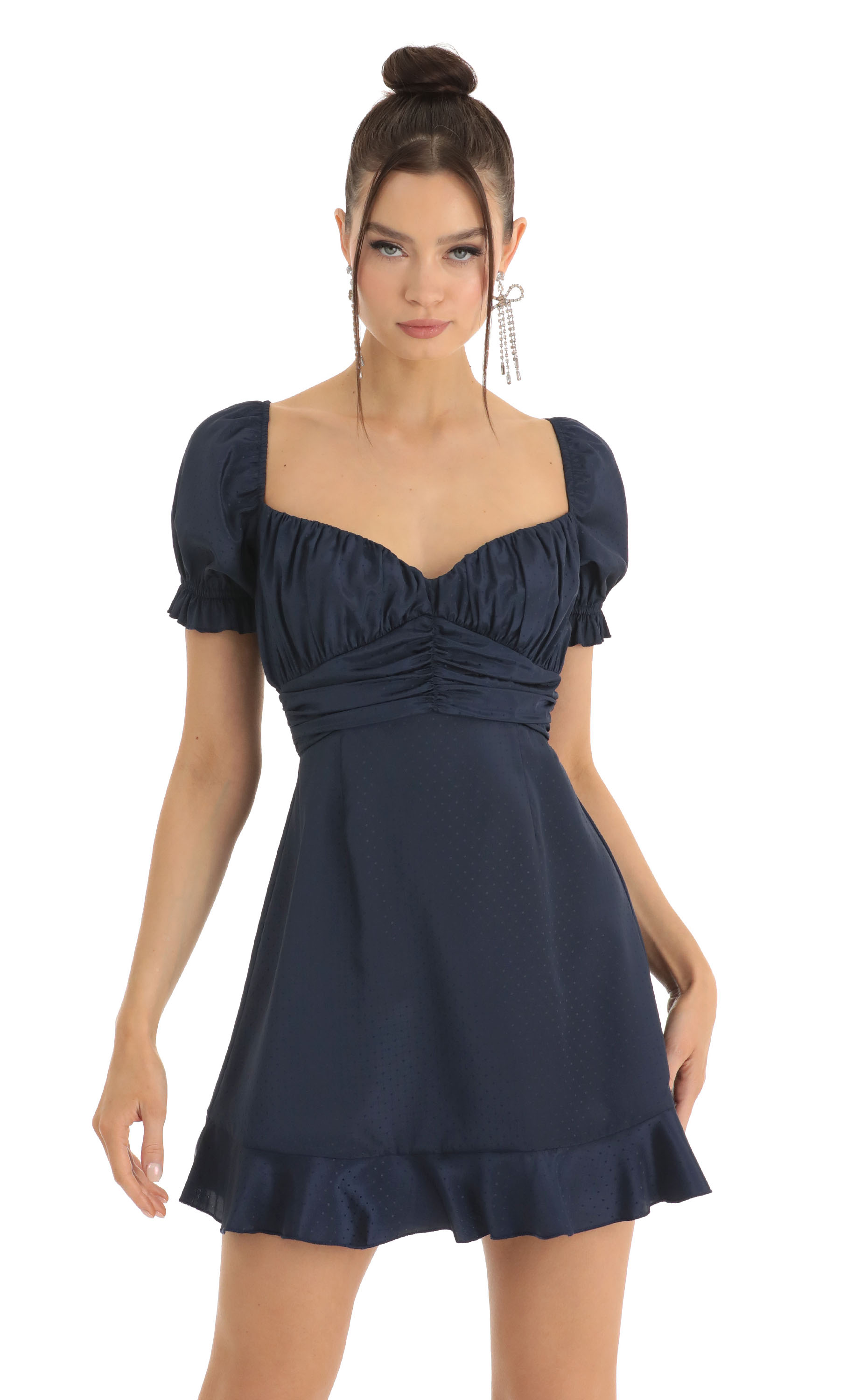 Satin Fit and Flare Puff Sleeve Dress in Blue