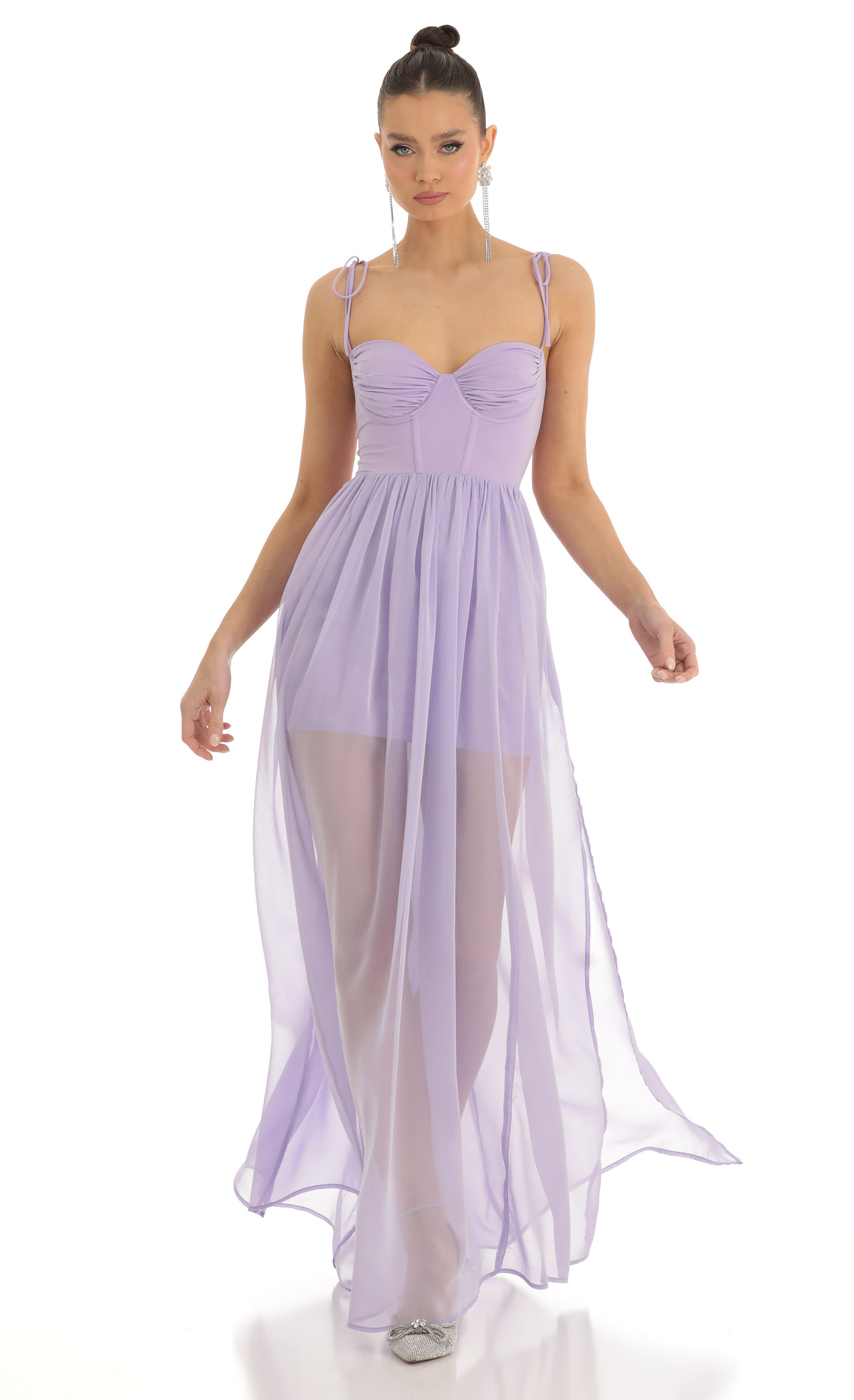 Chiffon Illusion Corset Maxi Dress in Lilac