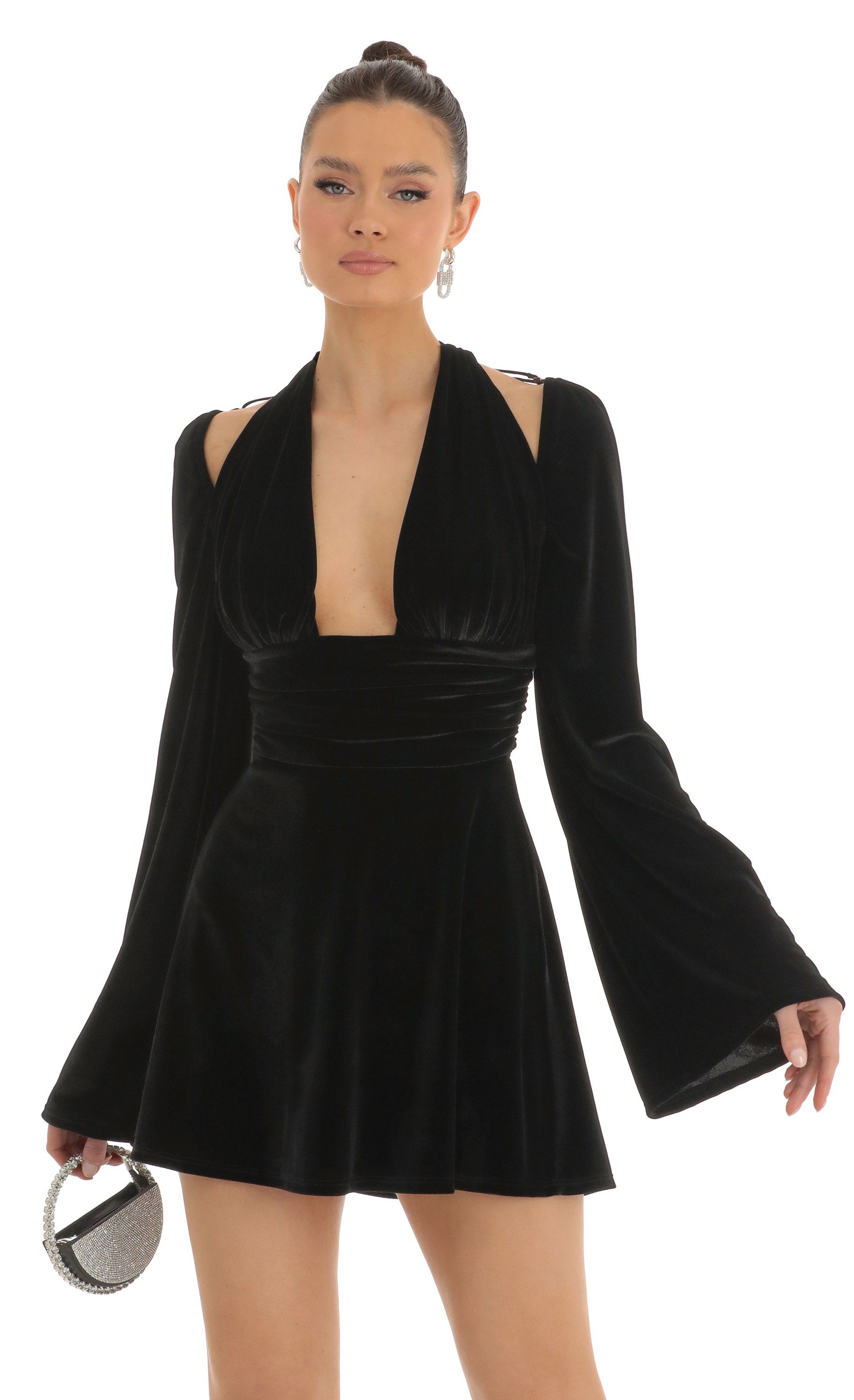 Velvet Cold Shoulder Plunge Dress in Black