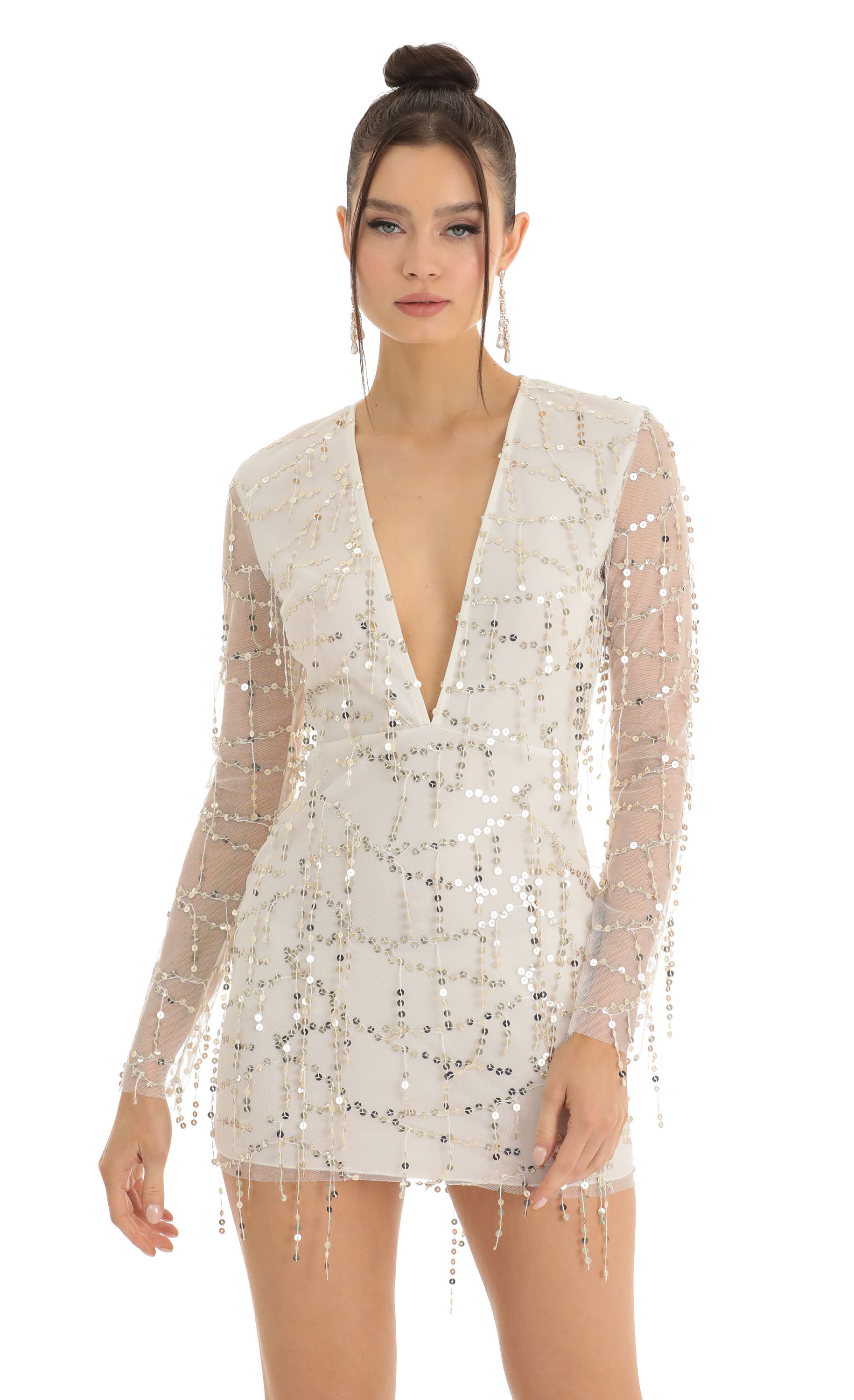 Dangling Sequin Plunge Dress in White