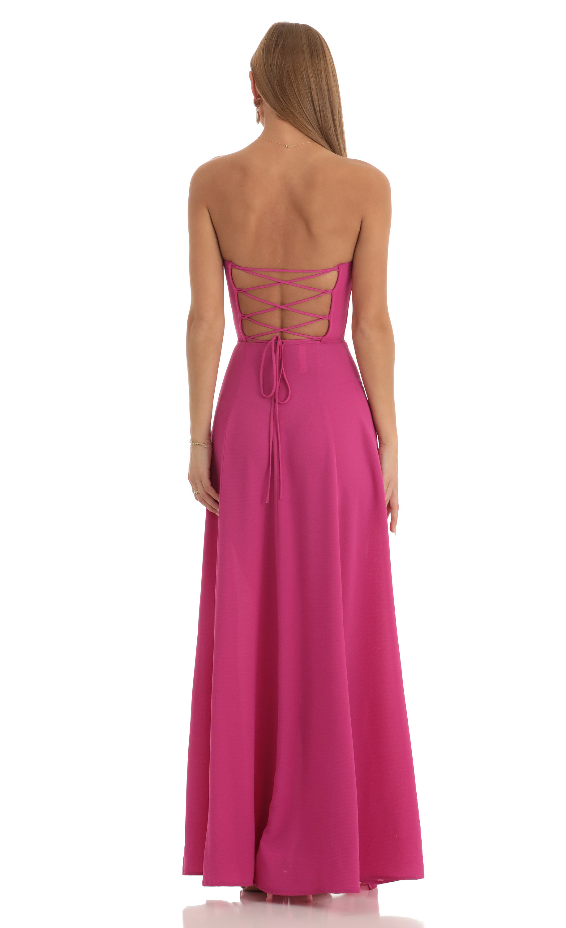 knee length dresses for ladies Cornelia Hot Pink Strapless Maxi Dress With Oversized Bow – Club L London main image 1