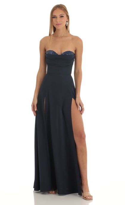 Sequin Bust Crepe Maxi Dress in Dark Blue | LUCY IN THE SKY