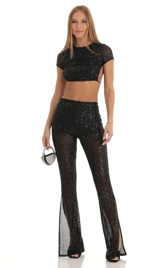 Sequin Two Piece Pant Set in Black