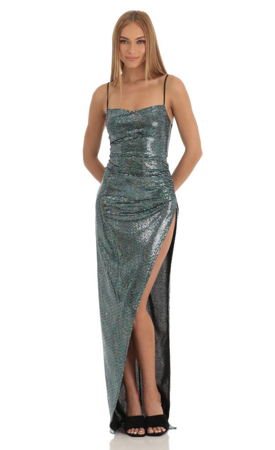 Holographic Sequin Maxi Dress in Blue
