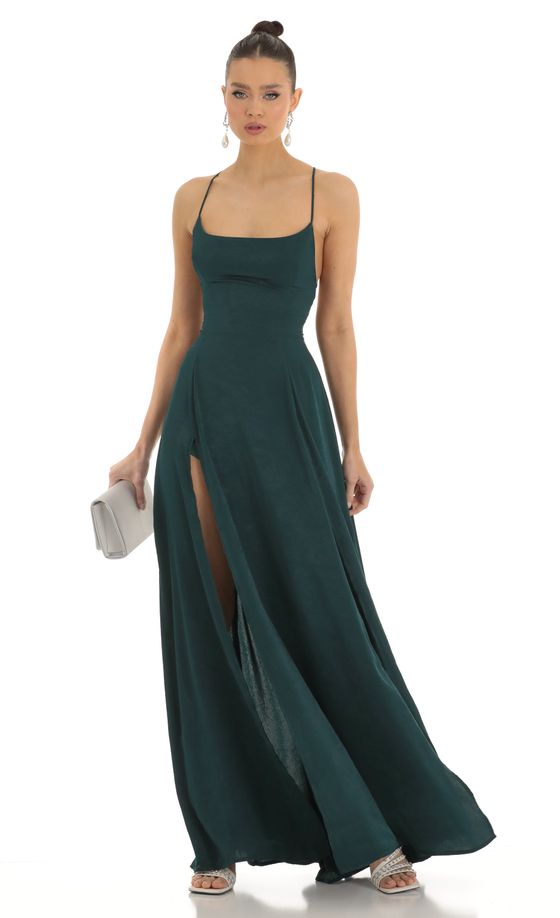Caitlin Satin Slit Maxi Dress in Green